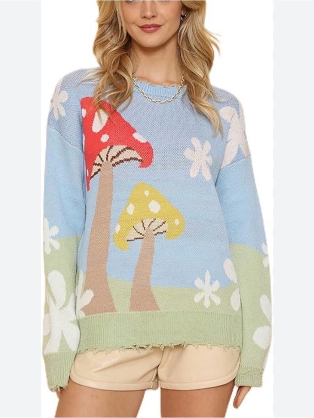 Whimsical Mushroom Print Blue Crewneck Sweater Size Small